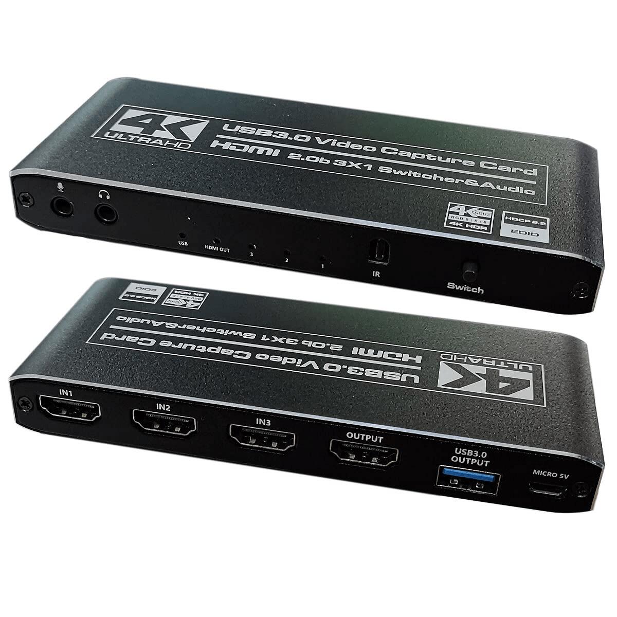 【200円OFF券付】HDMI切替器 HDMIキャプチャー HDMI2.0 HDCP2.2 4K60HZ HDR USB3.0対応 3入力2出力 4K60HZパススルー出力 生放送 ライブ配信 日本語取扱説明書付