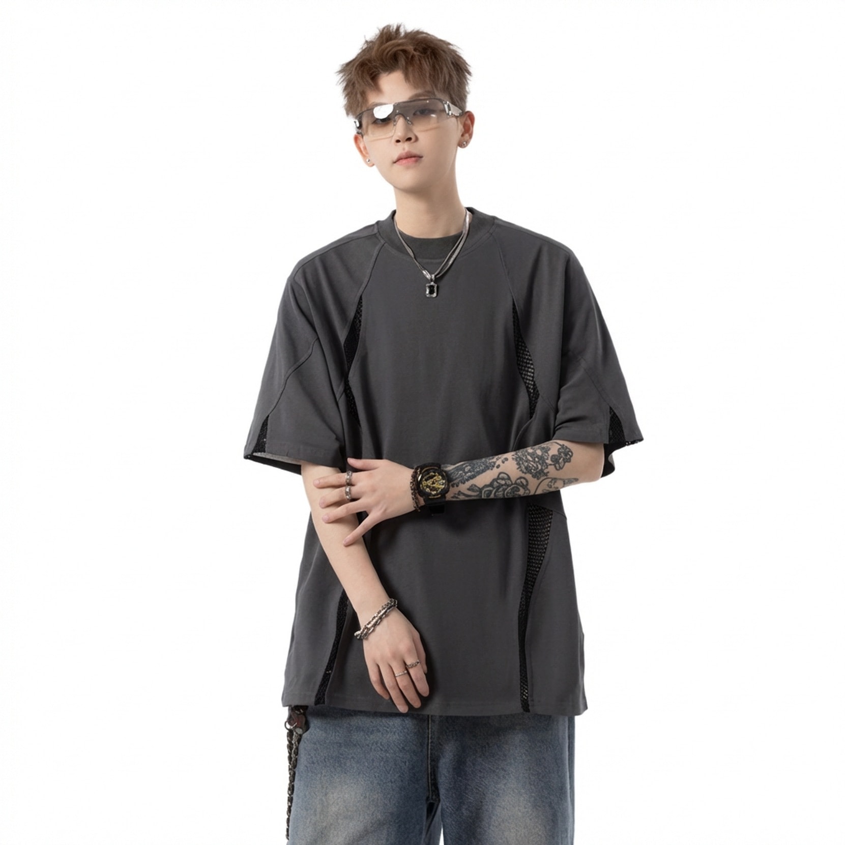 シャツ メンズ オーバーサイズ ビッグシルエット メッシュ 韓国 ストリート きれいめ モード系 半袖 パッチワーク カジュアル ゆったり 涼しい ティーシャツ チャコール ダークグレー