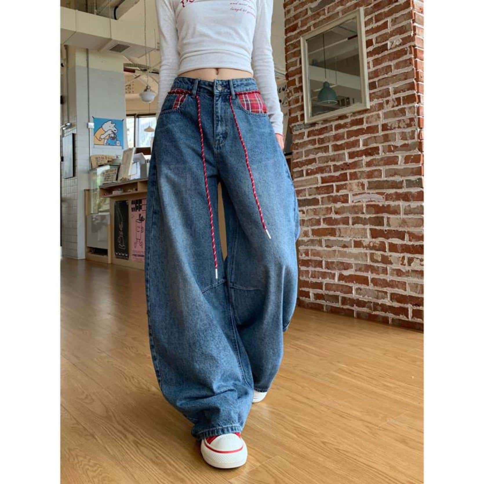 デニムパンツ レディース ワイドパンツ チェック柄 ポケット 切り替え ハイウエスト ジーンズ バギーパンツ ヴィンテージ風 ストリート ダボダボ カジュアル ジーパン 韓国 ファッション