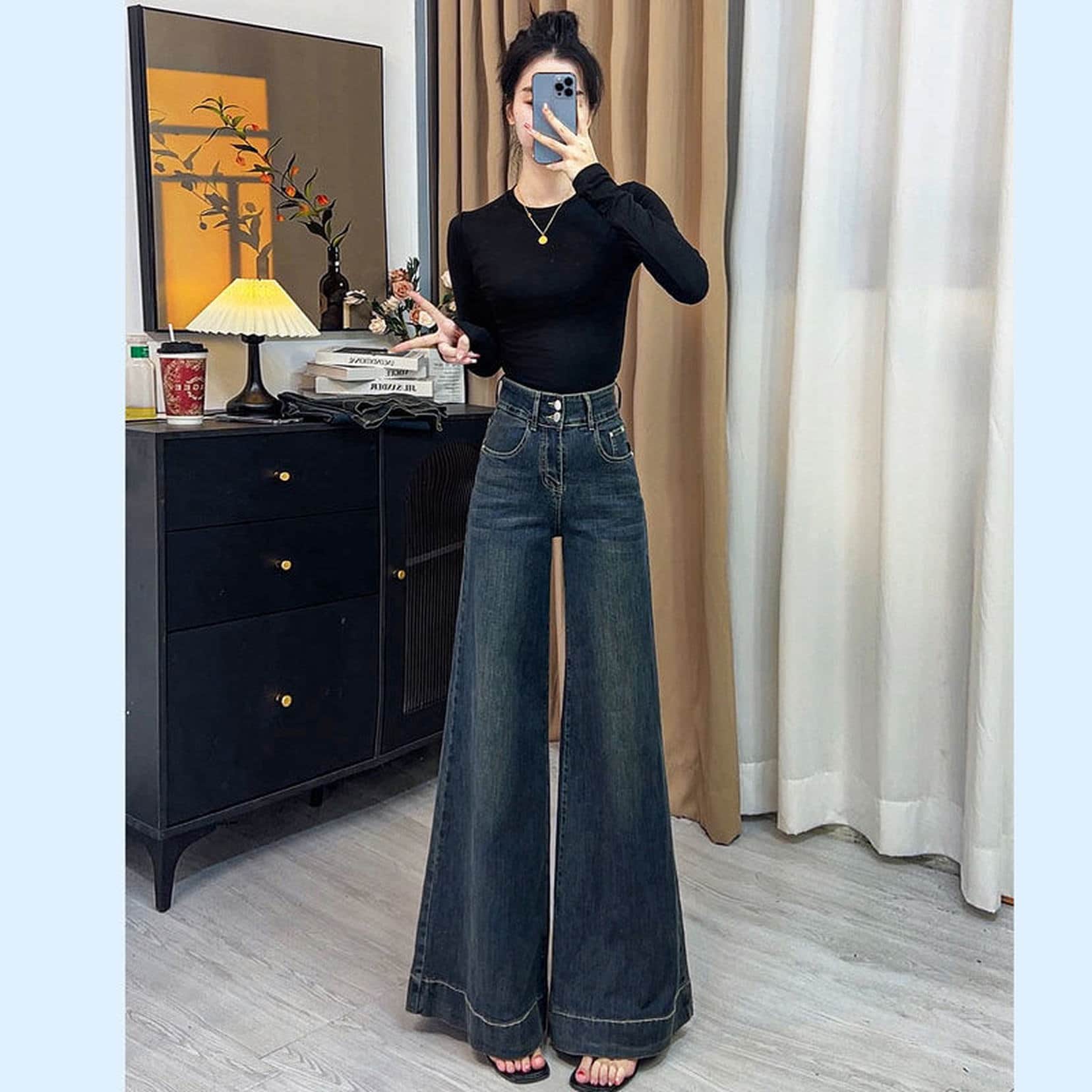 デニム パンツ レディース ワイドパンツ ハイウエスト 着痩せ 脚長 モップパンツ レトロ 洗い加工 ドレープ感 韓国系 お洒落 カジュアル 春 夏 秋