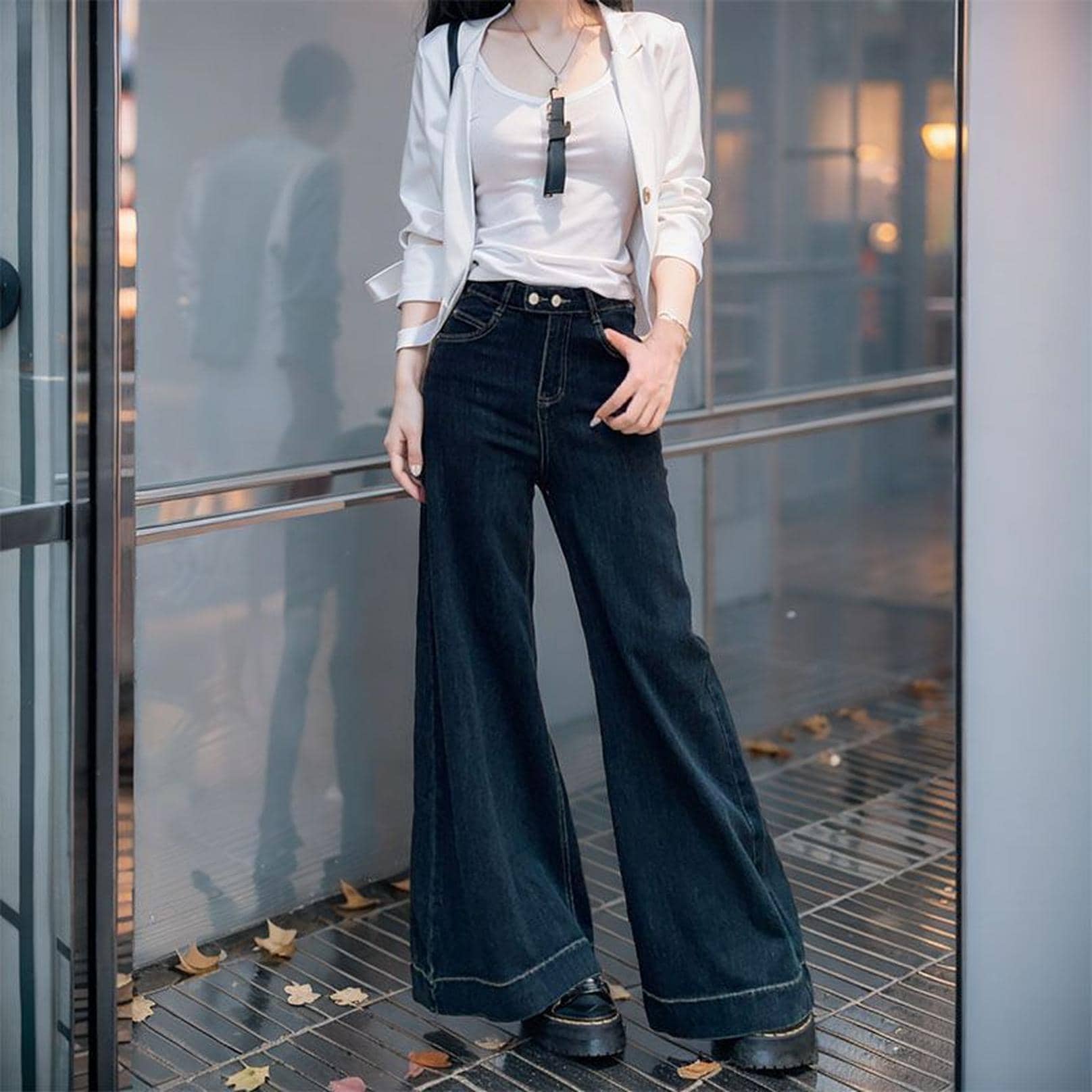 デニム ワイドパンツ レディース ハイウエスト 着痩せ ジーパン バギーパンツ ロング丈 脚長 美脚 春 夏 秋 冬 ゆったり ストレート ジーンズ ネイビー