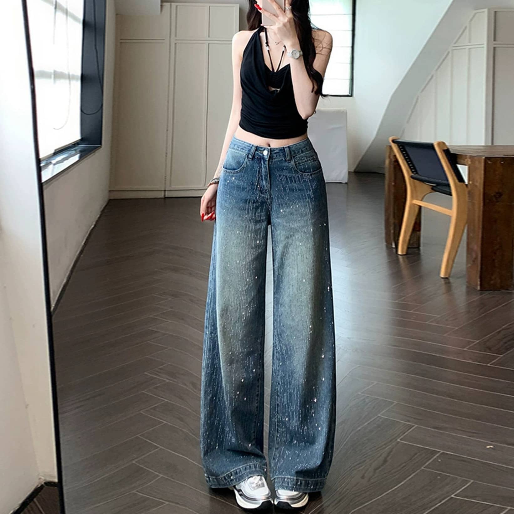 デニム パンツ レディース ワイドパンツ ハイウエスト キラキラ ラインストーン 美脚 ジーンズ ワイドデニム ストレート ストリート系 春 夏 秋 カジュアル ジーパン ボトムス ゆったり 脚長 体