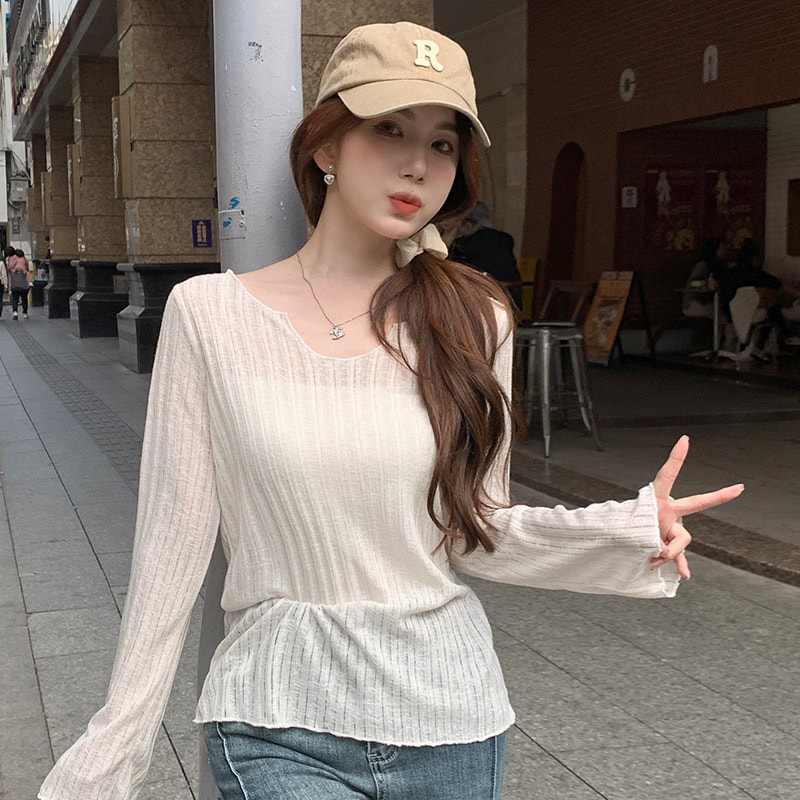 カットソー レディース 長袖 Vネック Tシャツ 透け感 シアー トップス きれいめ カジュアル 無地 春 秋 スリム ファッション インナー 重ね着 スリットネック 柔らかい 薄手 ホワイト 4,607円