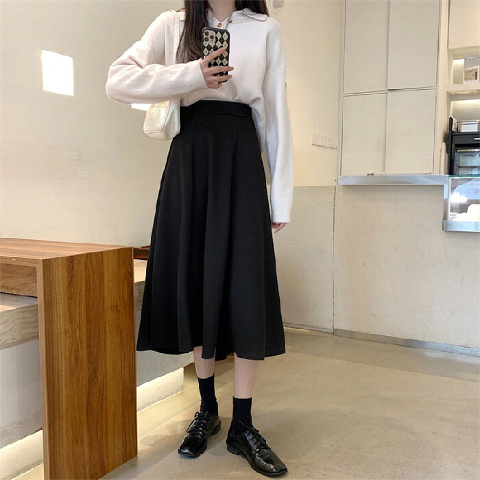 ロングスカート レディース Aライン ハイウエスト フレアスカート 春秋 体型カバー 着痩せ おしゃれ ミモレ丈 無地