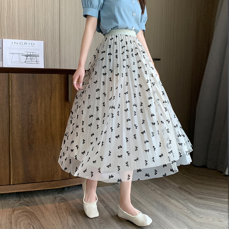 チュールスカート ロング レディース リボン柄 プリーツスカート Aライン ハイウエスト 膝下丈 透け感 ふんわり フェミニン 裏地付き オフィスカジュアル デート 春 夏 秋 清楚 上品