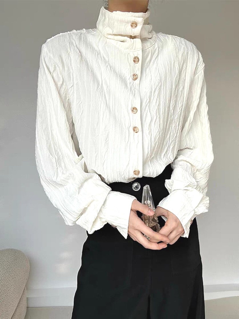ブラウス レディース 長袖 ハイネック きれいめ しわ加工 スタンドカラー シャツ パフスリーブ トップス おしゃれ レトロ アンティーク 立ち襟 オフィス カジュアル 無地 ゆったり 体型カバー 春