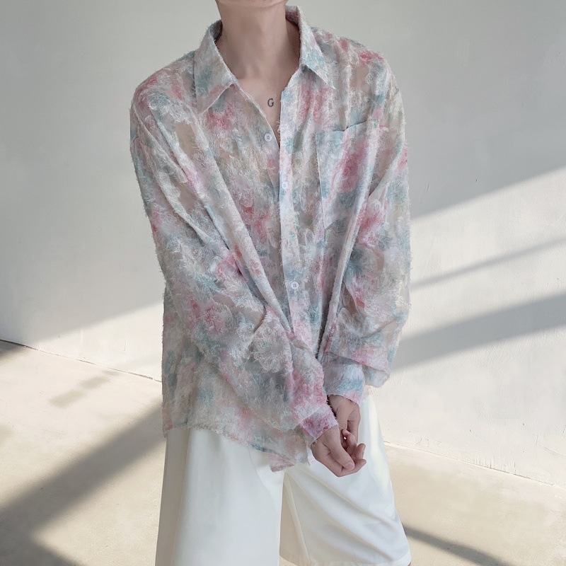 柄シャツ メンズ 長袖 花柄 シアーシャツ 透け感 涼しい ビッグシルエット カジュアル ファッション モード系 レトロ 総柄 トップス ゆったり 春 夏 秋 おしゃれ