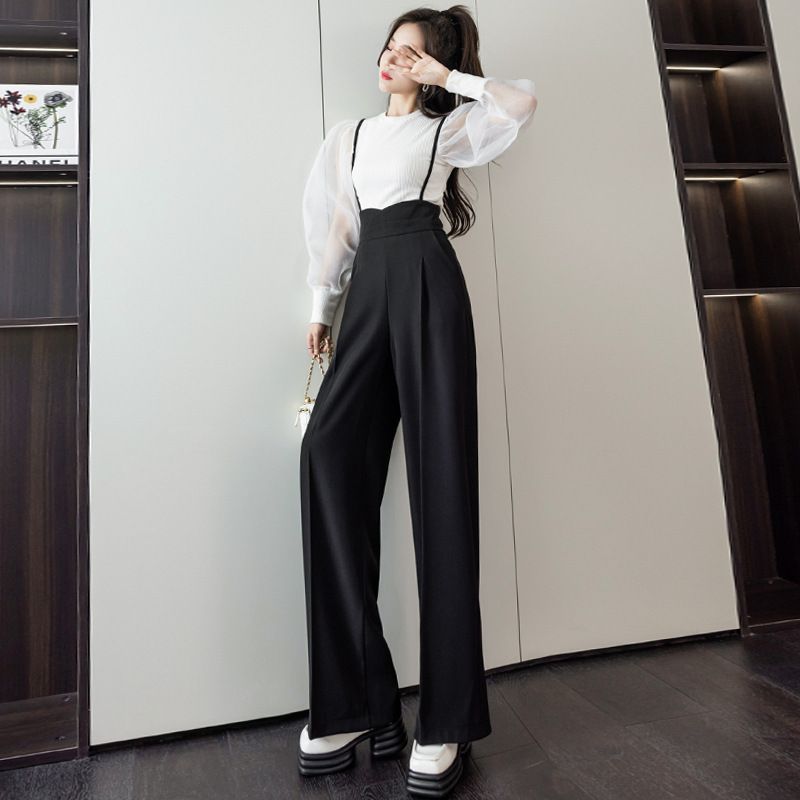 ワイドパンツ レディース サロペット ハイウエスト 肩紐付き きれいめ スラックス センタープレス 着痩せ 足長 ゆったり カジュアル 通勤 オフィス 夏 無地 ロングパンツ 大人 上品 20代 30