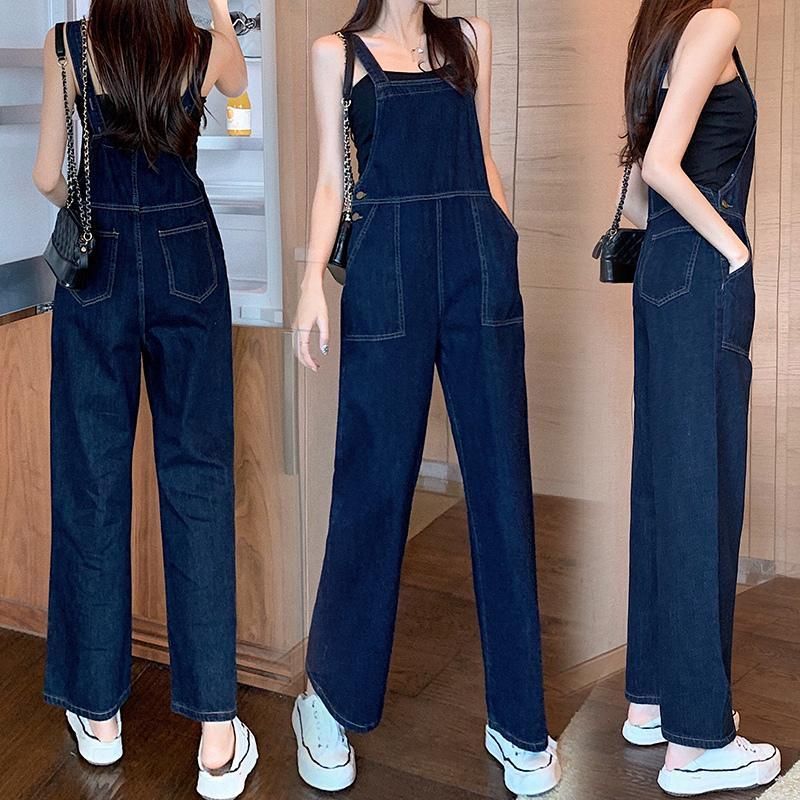 デニム サロペット レディース ストレート オーバーオール オールインワン ワイドパンツ ウィメンズ カジュアル 春夏秋 大人 お洒落 体型カバー 着痩せ 無地 ネイビー ストリート ガーリー ポケッ