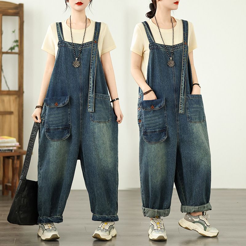 サロペット レディース デニム オーバーオール ゆったり ワイドパンツ ヴィンテージ風 ワークパンツ オールインワン 吊りパンツ カジュアル 森ガール 体型カバー 春 夏 秋 大きいサイズ ストリート