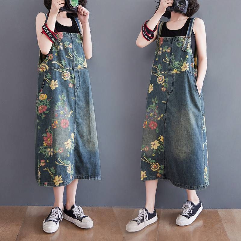 サロペットスカート レディース 花柄 デニム ジャンパースカート ヴィンテージ風 ゆったり ロング ワンピース ボタニカル柄 大きいサイズ 膝下 体型カバー レトロ カジュアル 春 夏 秋 ブルー