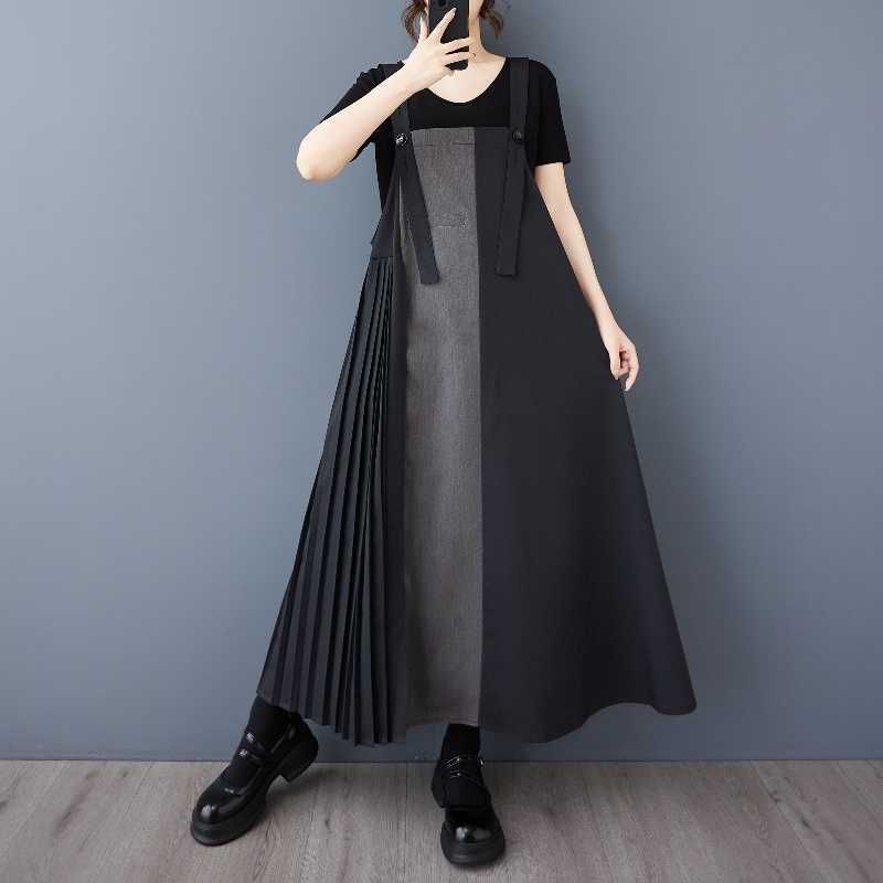 サロペットワンピース レディース ジャンパースカート プリーツ 切り替え ロングワンピース Aライン ゆったり 体型カバー カジュアル 配色 バイカラー マキシ丈 ノースリーブ 重ね着 大人 きれいめ