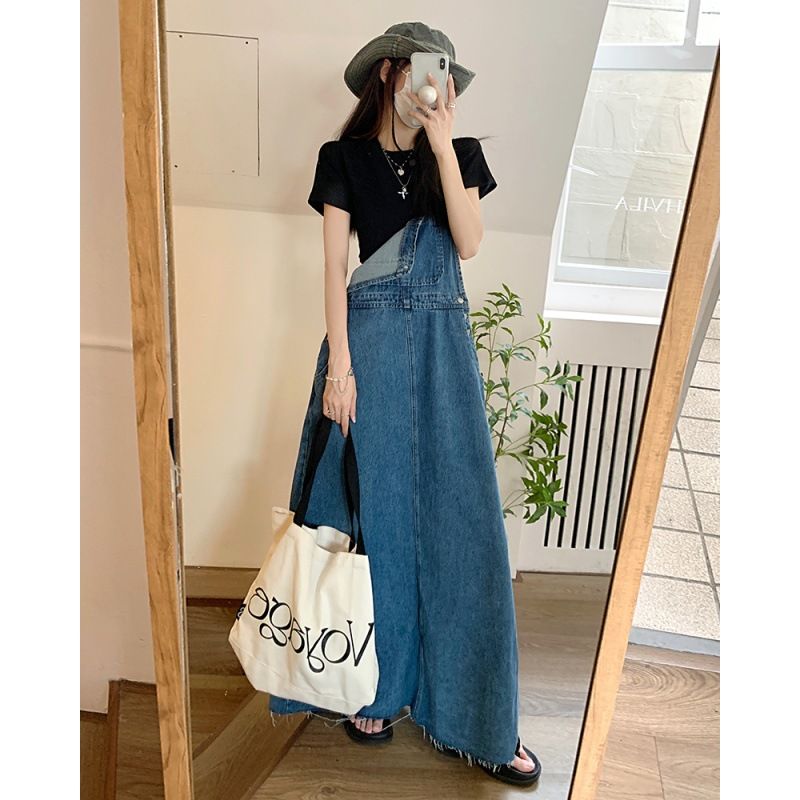サロペット スカート デニム レディース ジャンパースカート ロング マキシ丈 ゆったり ワンピース 切りっぱなし ヴィンテージ風 カジュアル 体系カバー Aライン オールシーズン