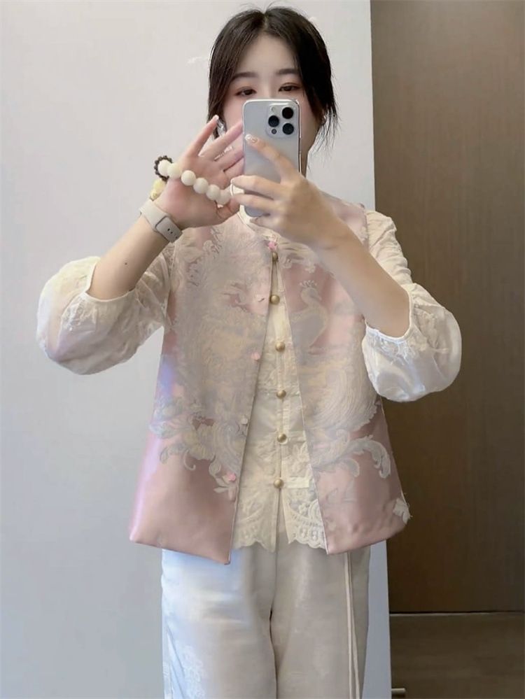 チャイナ風 ベスト レディース ジレ 中華風 刺繍 ジャガード 漢服 民族衣装 ショート丈 前開き ノースリーブ 重ね着 きれいめ レトロ モダン 上品 トップス 華やか 春 夏 秋