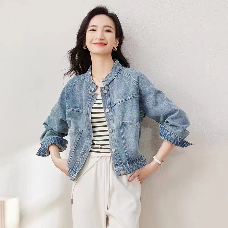 デニムジャケット レディース バンドカラー ジージャン ゆったり オーバーサイズ スタンドカラー ラグランスリーブ 体型カバー 羽織り ライトアウター カジュアル ブルゾン 前開き 春 秋 冬｜MEIWALAND
