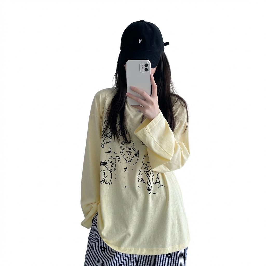 長袖 Tシャツ レディース ロンT 犬 プリント イラスト トップス オーバーサイズ ビッグシルエット カジュアル カットソー ゆるめ 春夏 ファッション お洒落 クルーネック ティーシャツ 丸首 プ