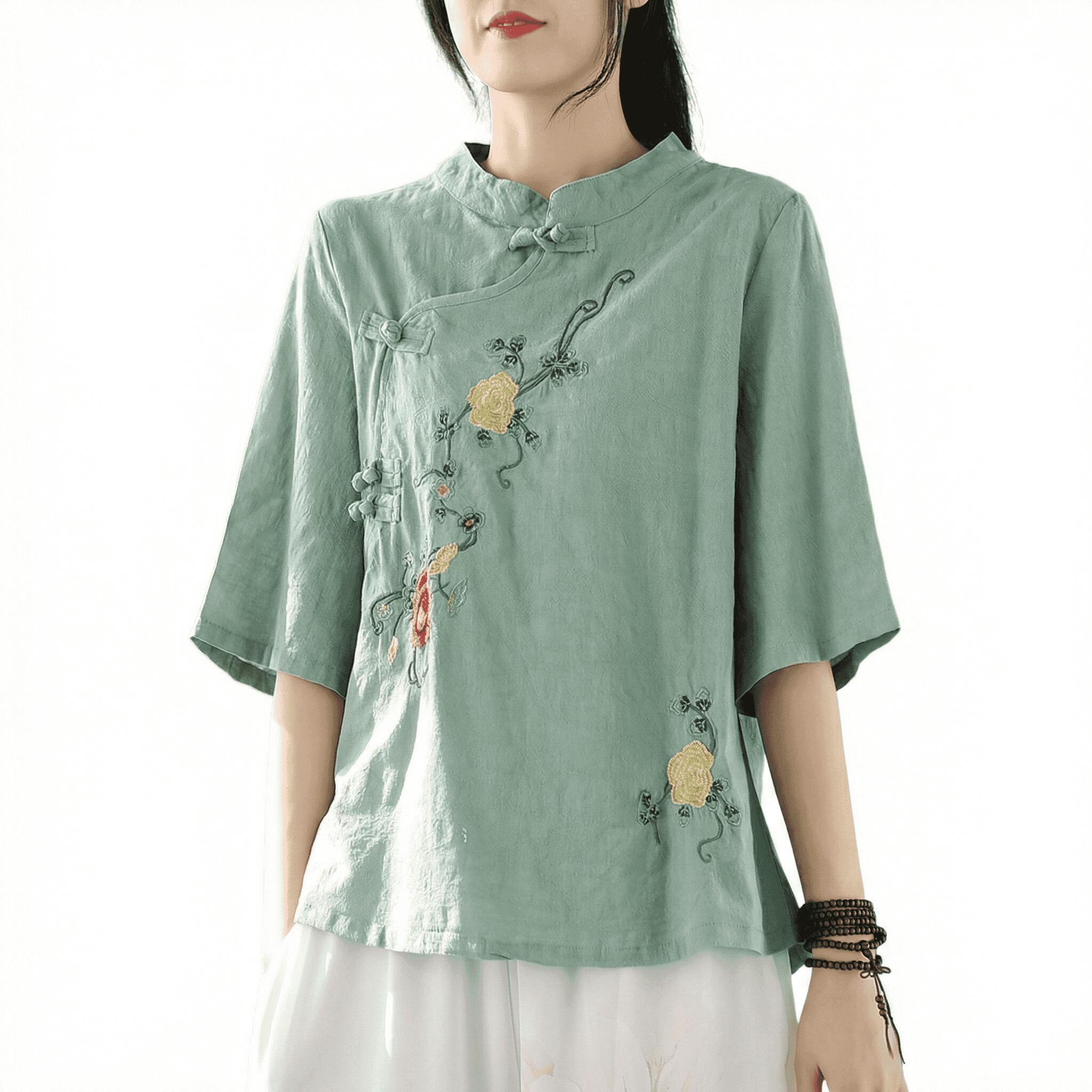 ブラウス レディース チャイナ服 刺繍 トップス 花柄 綿麻 民族風 スタンドカラー チャイナボタン 七分袖 ゆったり カジュアル レトロ 柔らかい 通気性 体型カバー 夏 婦人服 普段着 お出かけ