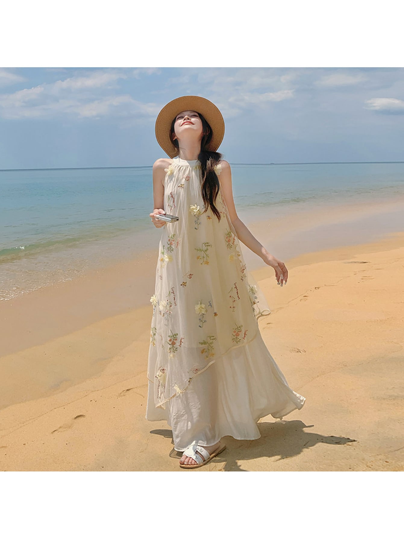 【リゾート映え】ワンピース レディース ロング マキシ丈 チュールワンピース 刺繍 刺しゅう 花柄 立体フラワー ホルターネック アメリカンスリーブ ノースリーブ チュール 透け感 シアー 体型カバー 着痩せ 細見え Aライン ゆったり 楽ちん ビーチ 海 旅行 海外 映え｜MEIWALAND