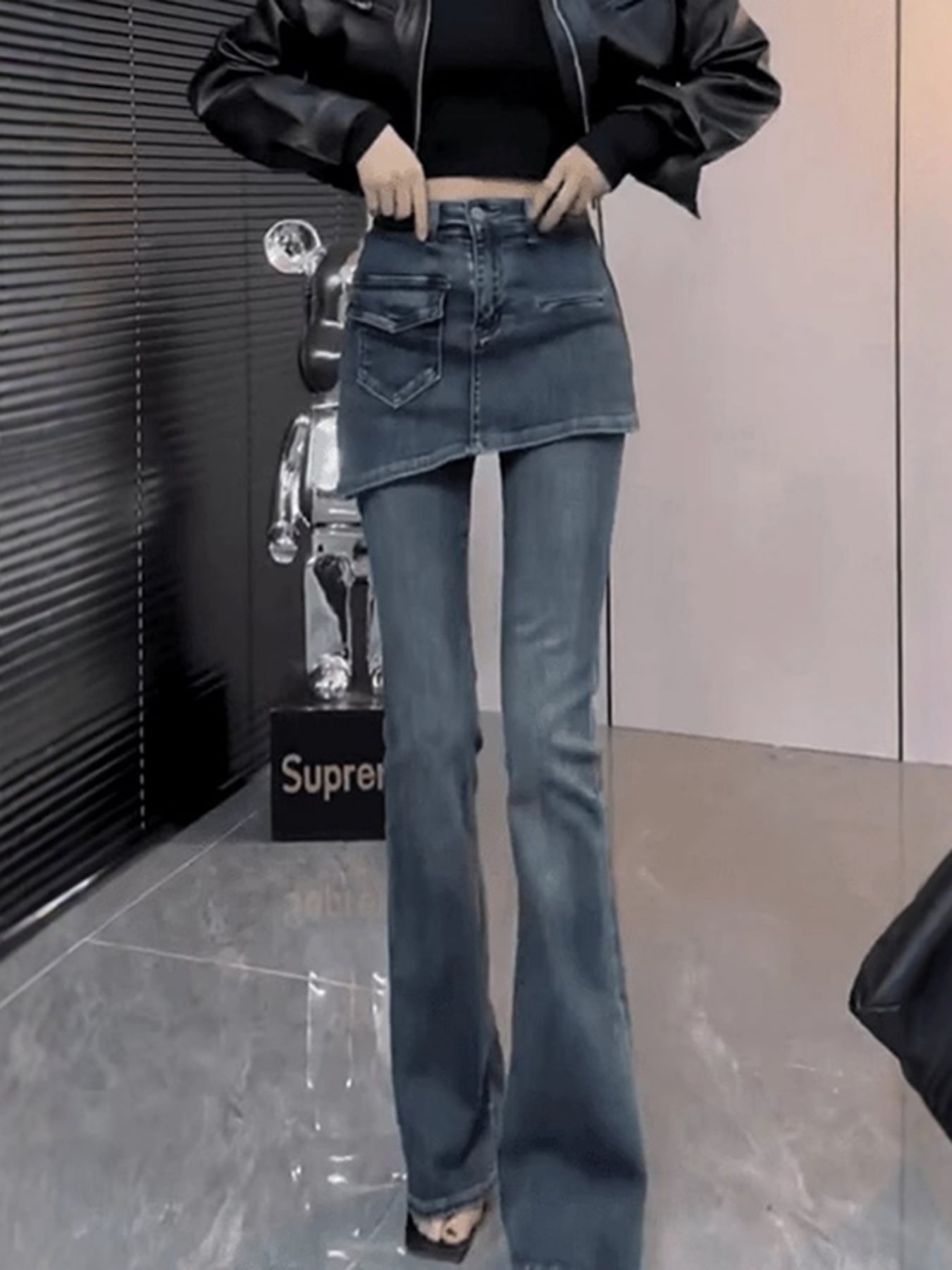 【レイヤード風】 デニム パンツ レディース 重ね着風 スカート付き ベルボトム ブーツカット ジーンズ ハイウエスト ジーパン ズボン ストレッチ 痩せ見え 細見え 美脚 脚長効果 体型カバー お洒落 個性的 Y2K モード系 ストリート カジュアル 大人女子 普段着｜MEIWALAND