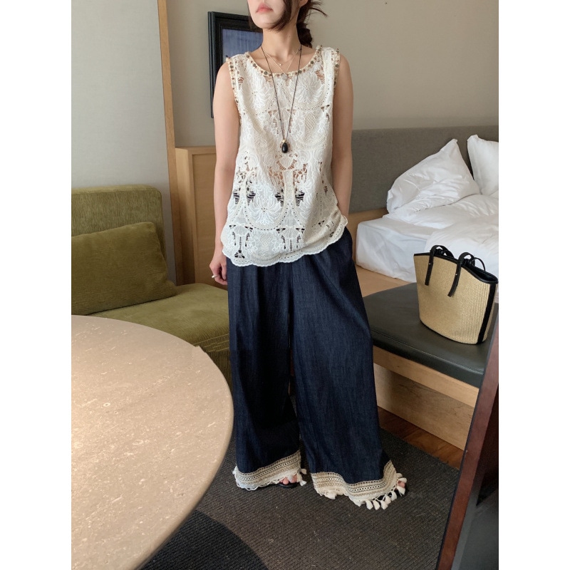 セットアップ レディース 夏 上下仕掛ける スピード競技 トップス ノースリーブ 広々としたズボン下 ジーンズ 刺しゅう 透け感 成年者好いたらしい 森うしろ帯 心地好い 2点仕掛ける 象牙色