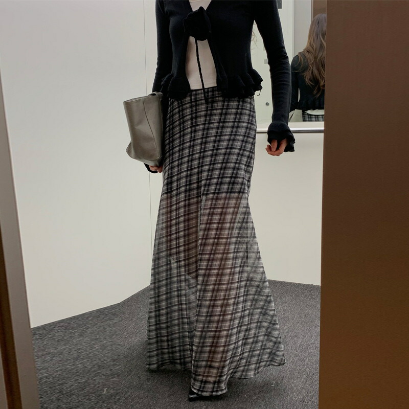 ロングスカート チェック柄 マキシ丈 レディース Aライン ハイウエスト レトロ 秋服 おしゃれ 透け感 シフォン 総柄 カジュアル ボトムス 着痩せ 体型カバー ブラウン