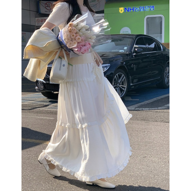 ロングスカート レディース ティアードスカート マキシ丈 フリル 切替 Aライン フレアスカート 大人可愛い ファッション きれいめ 春 夏 秋 ウエストゴム ゆったり ホワイト