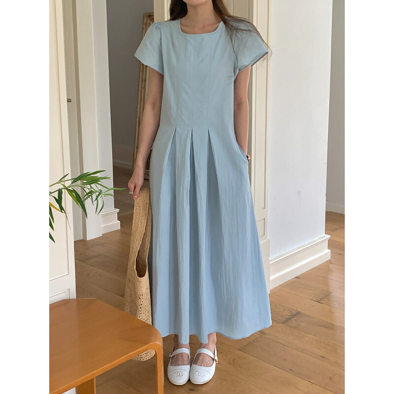ワンピース レディース ロングワンピース 半袖 Aライン ウエストタック クルーネック マキシ丈 夏服 きれいめ 上品 通勤 お出かけ 旅行 体型カバー ゆったり 涼しい 30代 40代 50代 水色