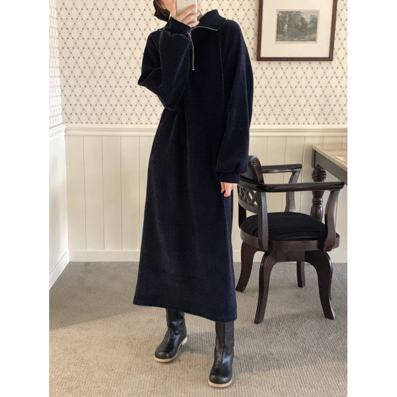 ニットワンピース レディース ハーフジップ ハイネック ロング丈 リブニット 長袖 秋冬 暖かい カジュアル きれいめ もっちり 体系カバー ゆったり Iライン マキシ丈 無地 アプリコット ベージュ