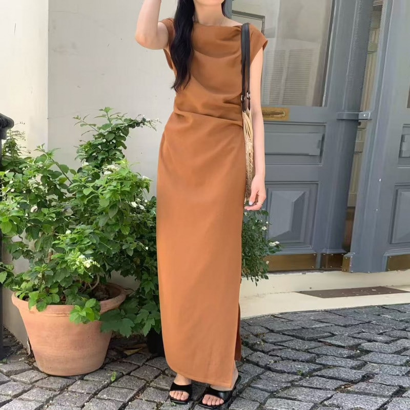 ロングワンピース レディース 夏 きれいめ フレンチ スリット マキシ丈 バックシャン ノースリーブ 背中あき 体型カバー 着痩せ おしゃれ セクシー 上品 お呼ばれ リゾート 枯葉色 セージグリーン