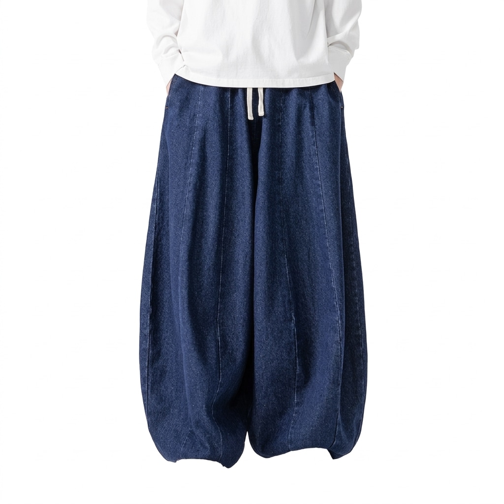 ワイドパンツ メンズ デニム バルーンパンツ ゆったり サルエルパンツ ジーンズ ウエストゴム 裾ゴム ロングパンツ 太め ストリート カジュアル ズボン ジーパン 切替 作業着 通学 春 夏 秋 冬