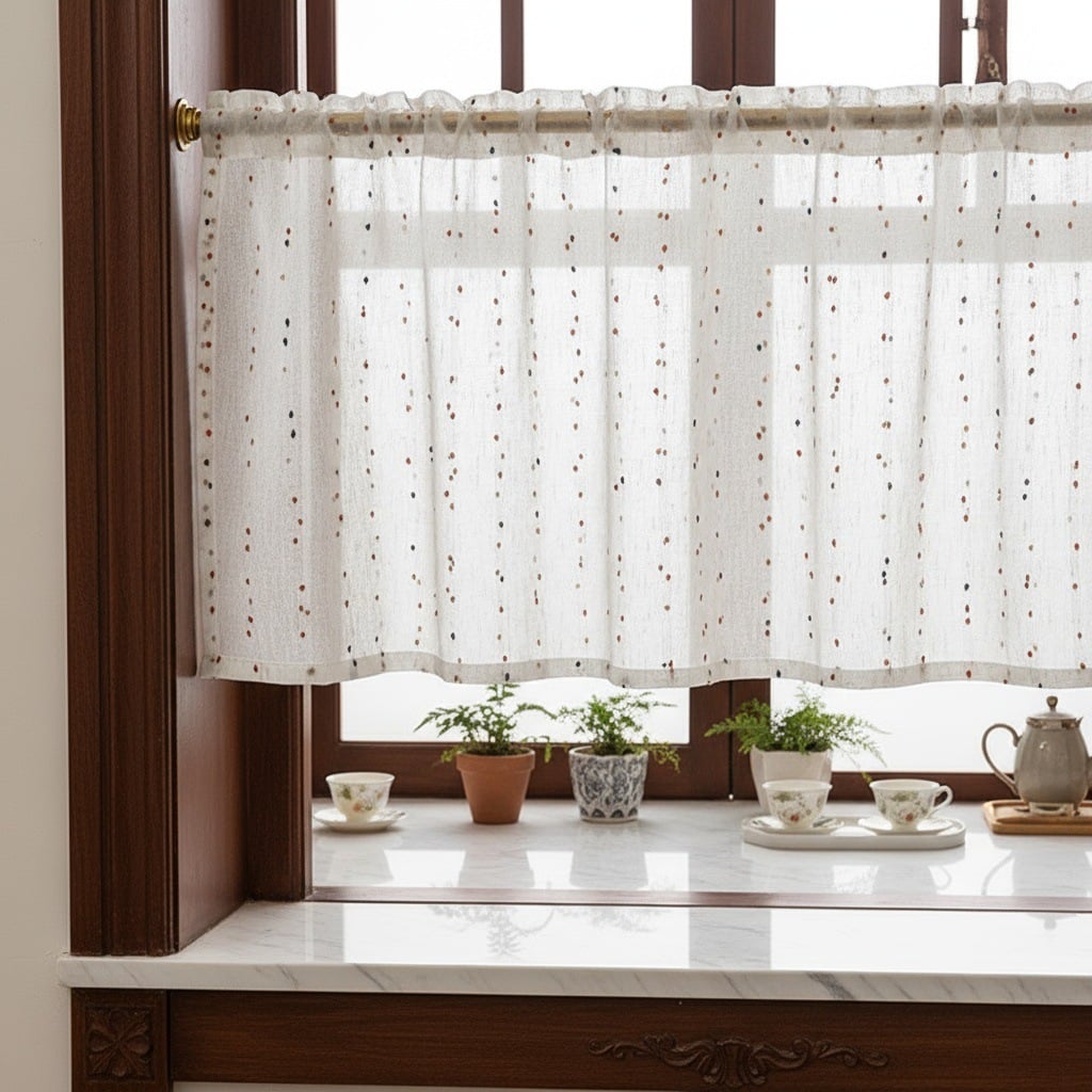 カフェカーテン 小窓用 目隠しカーテン フレンチレトロ 北欧風 ガーゼ 透け感 刺繍 柔らかい キッチン 洗面所 出窓 インテリア おしゃれ 突っ張り棒通し 仕切り ナチュラル 間仕切り用 装飾 窓飾