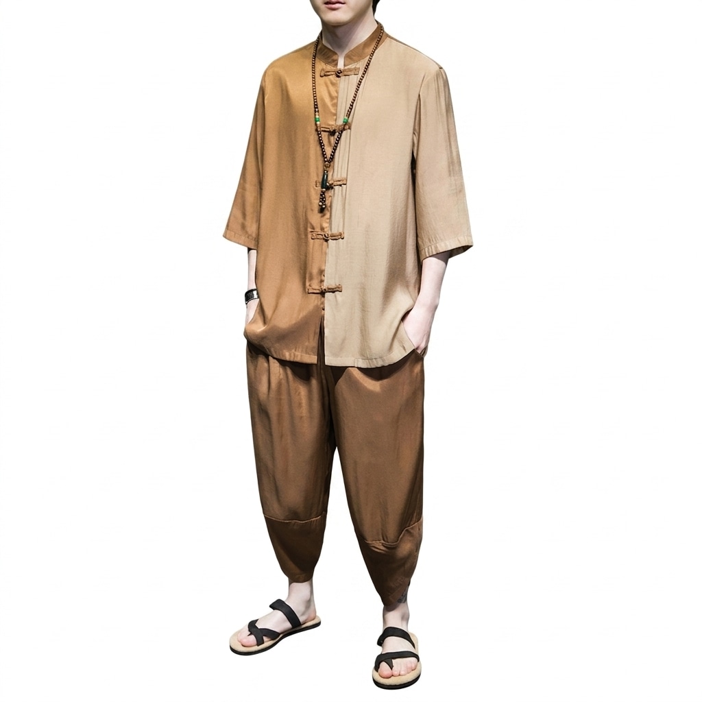 セットアップ メンズ 瀬戸もの服 上下仕掛ける 冷やりとした 瀬戸もの名取り草 漢服 カンフー 太極拳 サルエルパンツ 七分袖 お部屋着 心地よい エスニック ゆったり 夏服 気が大きい大きさ