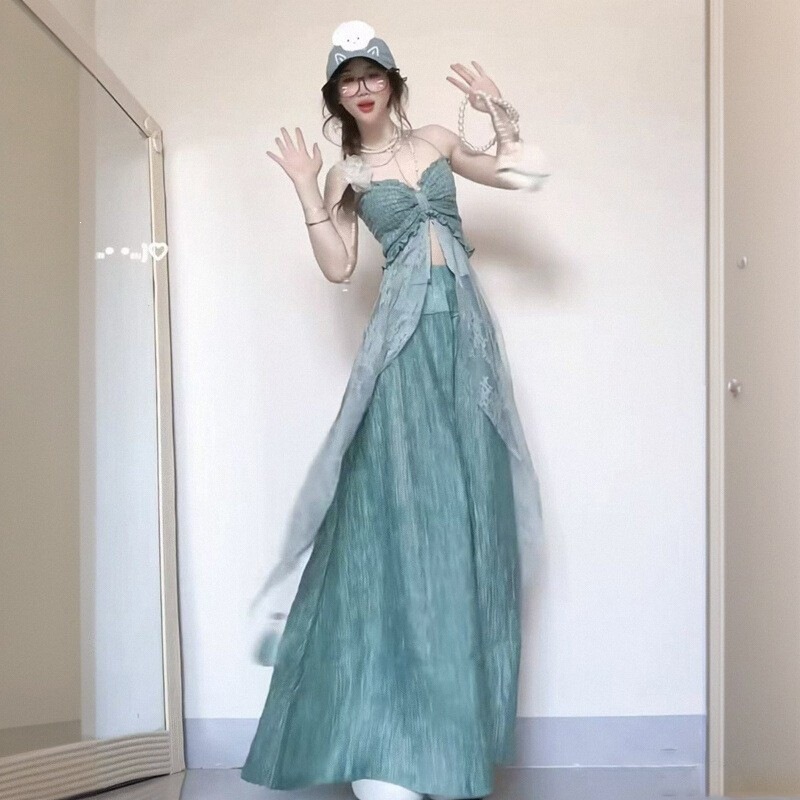 キャミソール セットアップ レディース レース付き ロング丈 上下セット リゾート 夏服 ノースリーブ 体型カバー 上品 きれいめ お出かけ｜MEIWALAND