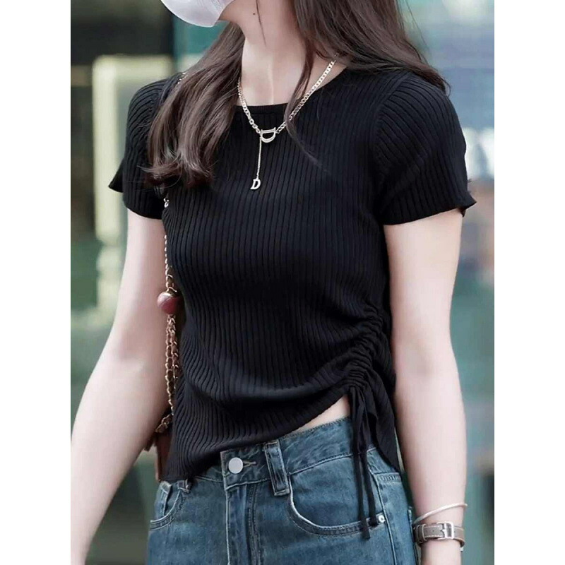 サマーニット レディース 半袖 脇シャーリング トップス スリム カットソー リブニット 丸首 着痩せ カジュアル きれいめ 無地 ストレッチ 柔らかい 伸縮性 上品 事務服 通勤 通学 春 夏 秋