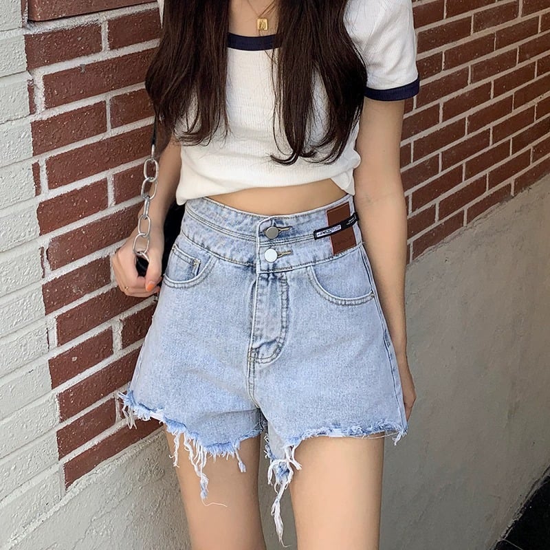 ショートパンツ レディース デニム ハイウエスト デザインウエスト 切りっぱなし 短パン 美脚 脚長効果 Aライン ワイドシルエット 薄手 ダメージ ジーンズ ホットパンツ フリンジ カジュアル スト