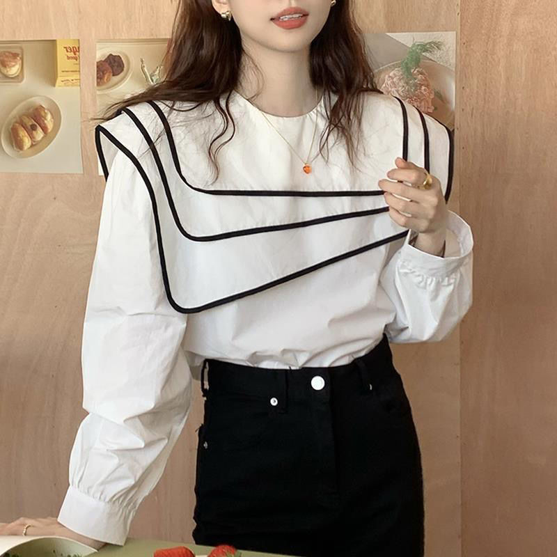 ブラウス レディース 長袖 ビッグカラー セーラーカラー 重ね襟 パイピング 大人可愛い 春服 秋服 おしゃれ きれいめ オフィスカジュアル 通勤 上品 事務服 トップス ファッション ボリューム袖