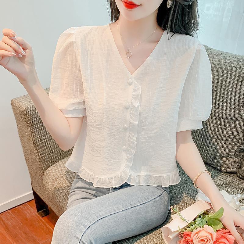 ブラウス レディース 半袖 Vネック フリル トップス シフォン シャツ きれいめ オフィス 通勤 夏 涼しい パフスリーブ フェミニン 大人 上品 事務服 5分袖 シワになりにくい とろみ素材 ゆっ
