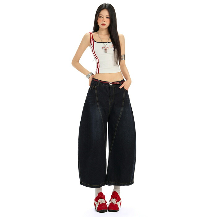 ワイドデニムパンツ レディース バギーパンツ ハイウエスト ヴィンテージ風 アメカジ ストリート系 ゆったり ジーパン ジーンズ 体型カバー バルーンパンツ ロング丈 カジュアル お洒落 脚長 美脚