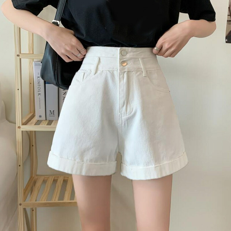 デニムショートパンツ レディース ハイウエスト 着痩せ Aライン 美脚 ワイドパンツ 夏物 夏服 カジュアル コーデ ダブルボタン 裾上げ 短パン ショートパンツ 無地 ショーツ 定番 人気 ファッシ