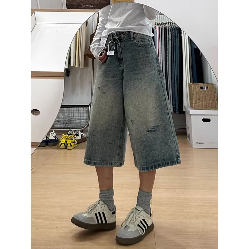デニムキュロット レディース ハーフパンツ ハイウエスト 着痩せ クラッシュ ヴィンテージ ワイドパンツ カジュアル 春秋 ストレート ゆるカジ レトロ 膝丈 体型カバー 大きいサイズ お洒落 モード