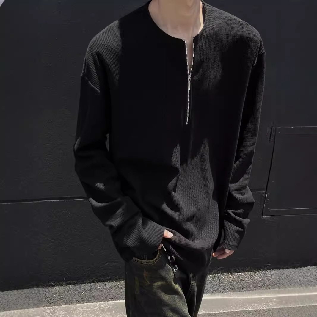 ハーフジップ Ｔシャツ メンズ 長袖 ワッフル ロンＴ カットソー トップス オーバーサイズ ビッグシルエット ゆったり 大きいサイズ 無地 サーマル ドロップショルダー クルーネック 丸首 プルオーバー 韓国 ファッション ストリート 春 秋 冬 カジュアル シンプル