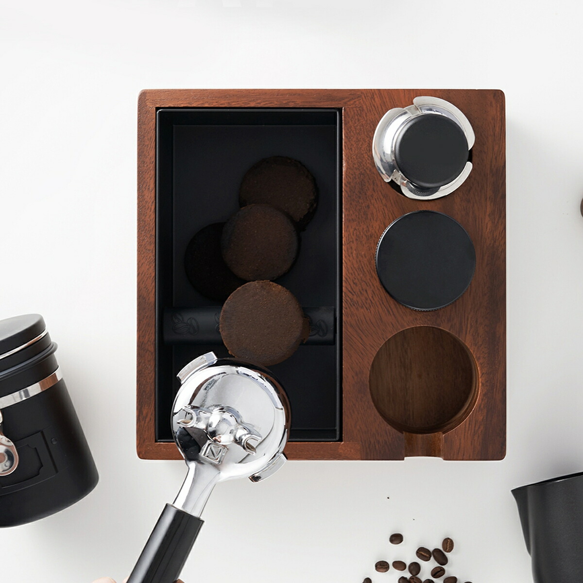 コーヒータンパーマット 木製 コーヒータンパーホルダー コーヒーノックボックス コーヒーかすバケツ かす入れ箱 ポルタフィルタースタンド ステンレス ウッド 滑り止め エスプレッソマシーン 家庭用 キッチン用品