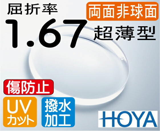 楽天市場】HOYA 両面非球面1.67違和感が最も少ない超薄型レンズＵＶカット、超撥水コート付（2枚価格) レンズ交換のみでもOK : メガネのミルック