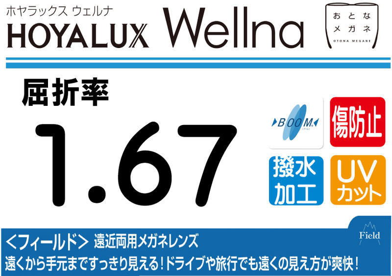 HOYA プレミアムグレード傷防止コート付超薄型遠近両用レンズ屈折率1.67撥水加工＋UVカットWellna フィールド両面複合累進違和感軽減設計（2枚価格) レンズ交換のみでもOK