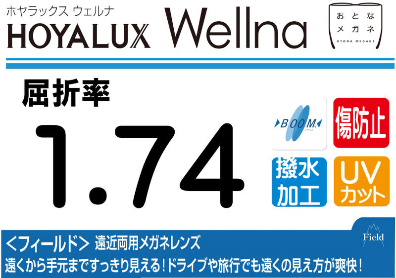 HOYA プレミアムグレード傷防止コート付超々薄型遠近両用レンズ屈折率1.74撥水加工＋UVカットWellna フィールド両面複合累進違和感軽減設計（2枚価格) レンズ交換のみでもOK