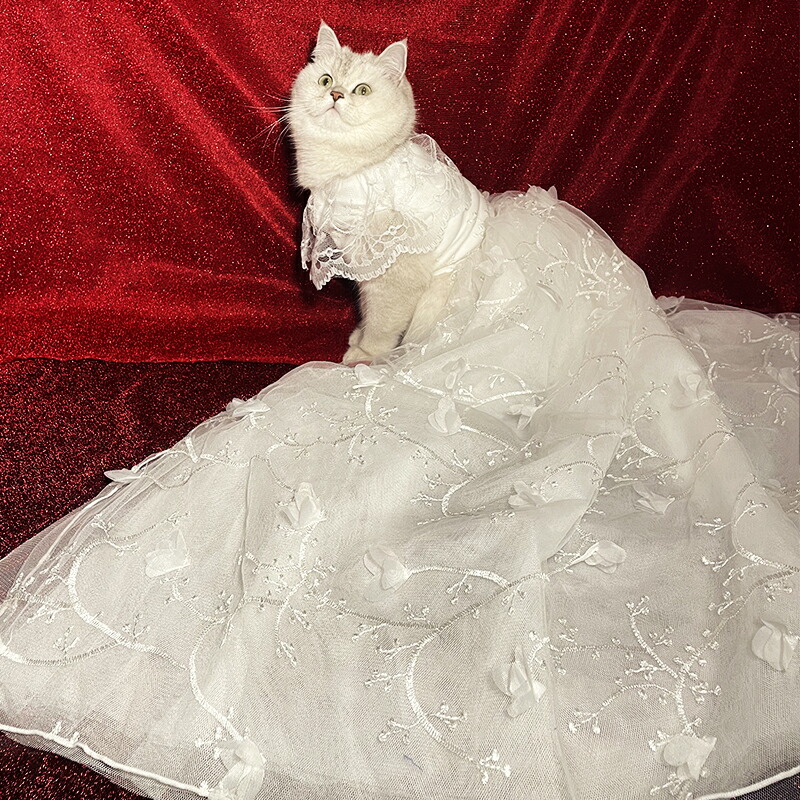 市場 ペット服 ロングトレーンドレス ウェディングドレス 犬服 キャットウェア ウェディング 高級感 超豪華 ドッグウェア 犬服猫服