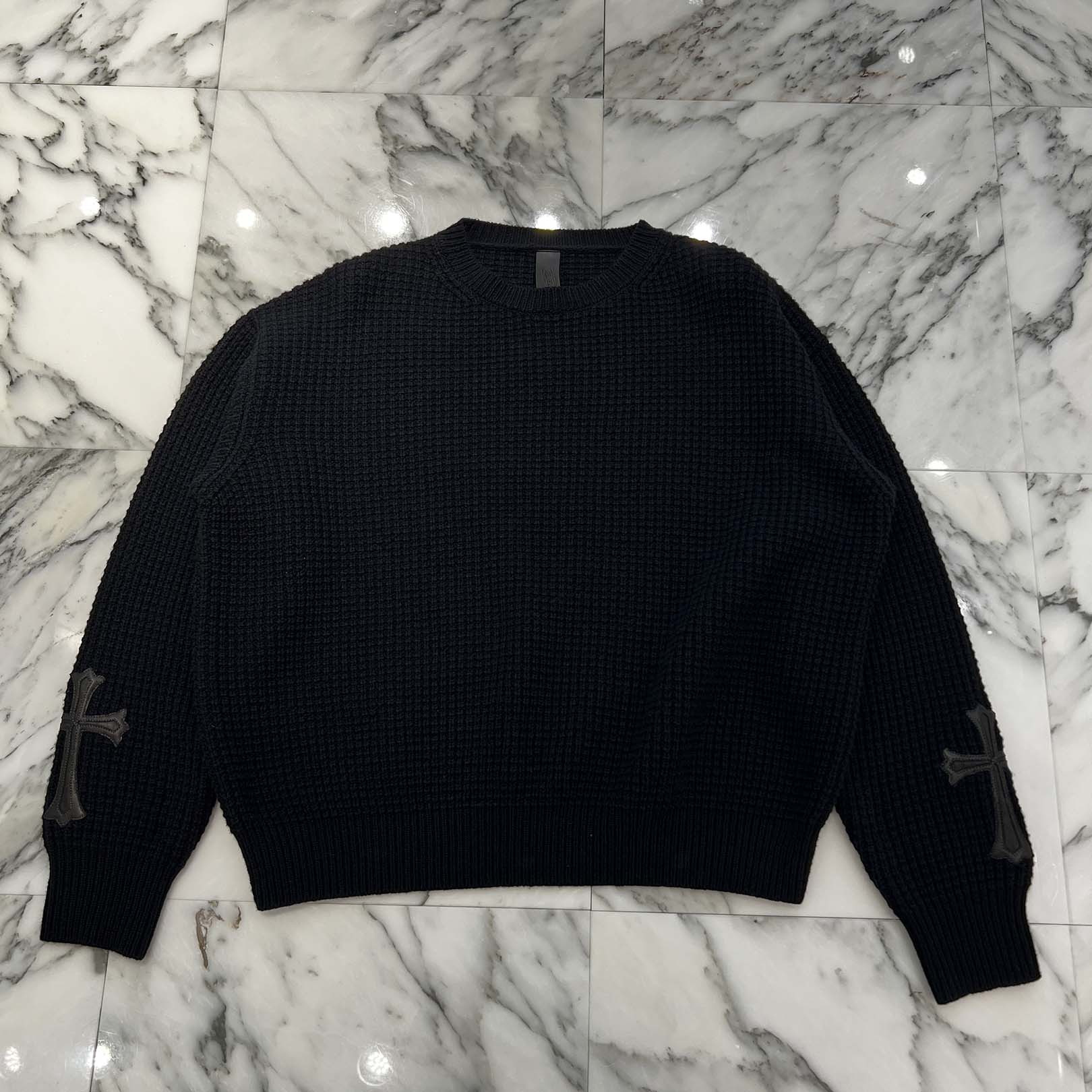 CHROME HEARTS Y NOT Cross Leather Patch Cashmere Knit Sweater Size M クロムハーツ ワイ航空マイル クロスレザーパッチ カシミール 編み物 プルオーバー カシミール混 はりつけ台継ぎ切れ YNOT 黒いこと 大きさM【251016】【新古品】