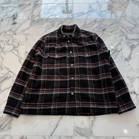 CHROME HEARTS Y NOT Fleece Boa Check Shirt Jacket Size S クロムハーツ ワイ航空マイル フリース 裏地ボア 照合のしるしプルオーバー 上衣 落ちこむ上衣 クロスボールボタン CHつけ加える 綿織物上衣 黒いこと×薄墨色×赤いこと 大きさS【251011】【中古-A】