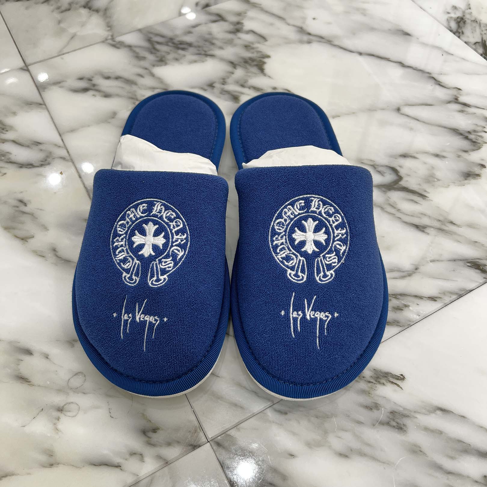 CHROME HEARTS Las Vegas Limited Horseshoe Hotel Slippers Sandals Size S クロムハーツ ラスベガス押さえる 馬沓 旅人宿家庭用スリッパ サンダル パイル出どころ 青碧×白いこと 大きさS【250927】【新古品】