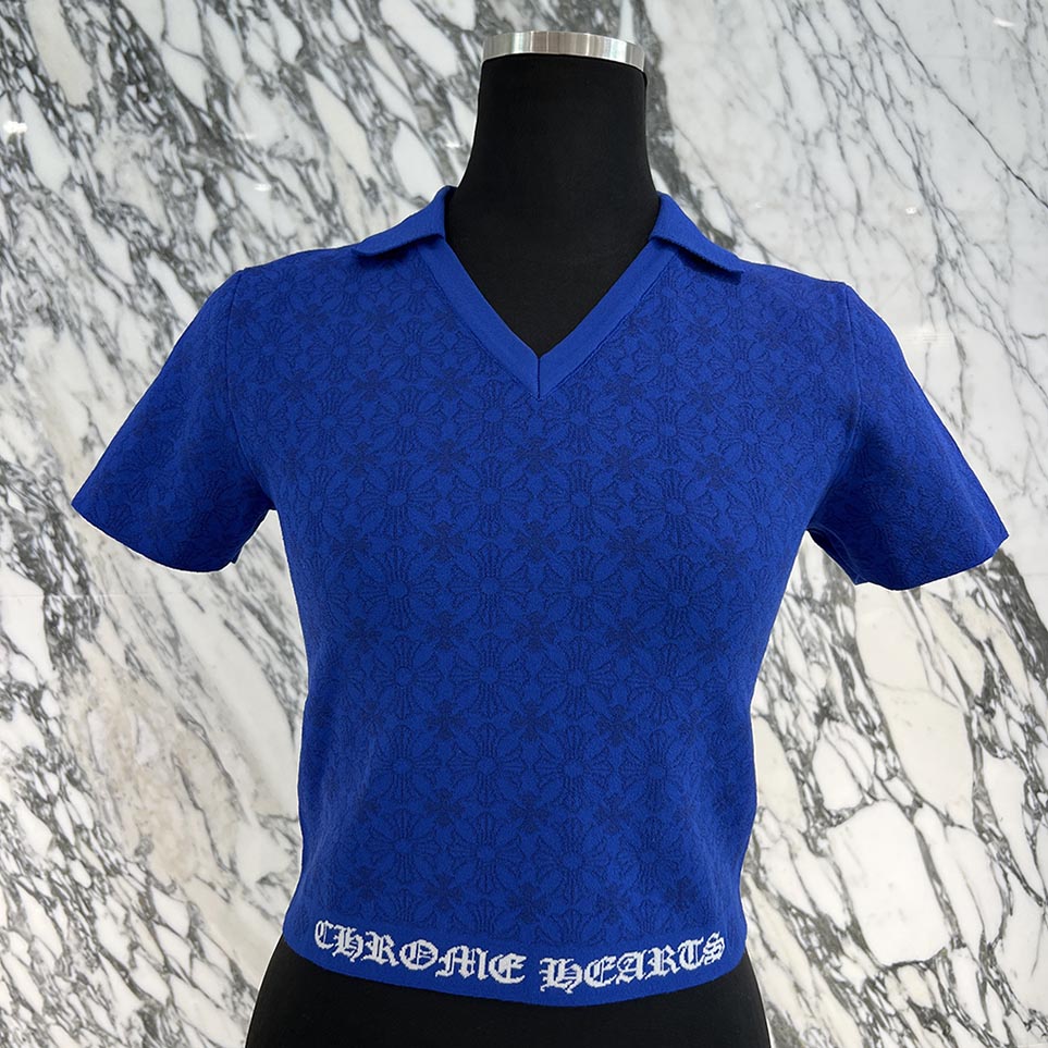 【生産終了】 クロムハーツ ポロシャツ クロムハーツ ワッフル刺繍スクリプトシルバーボタンポロT